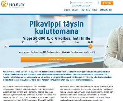 Ferratumilt pikavippi täysin kuluttomana 300 euroon asti.